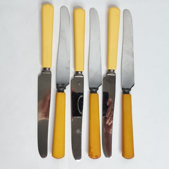 Vintage Steak Knife Set Bakelite Handles Yellow Butterscotch Stainless Steel - Picture 3 of 7